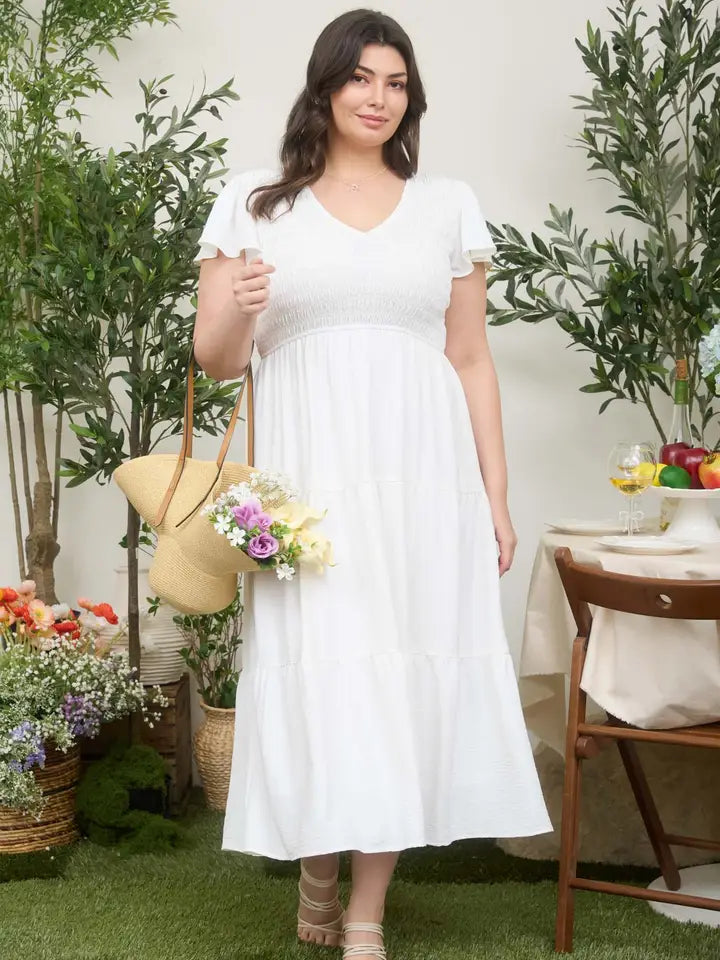 white smocked midi dress Plus Flutter Sleeve V-Neck 🤍 – Sweet Briar College Feel comfortable and polished Size:US Women 6 - EU 37 Burgundy and Silver Renaissance Styles:Boots