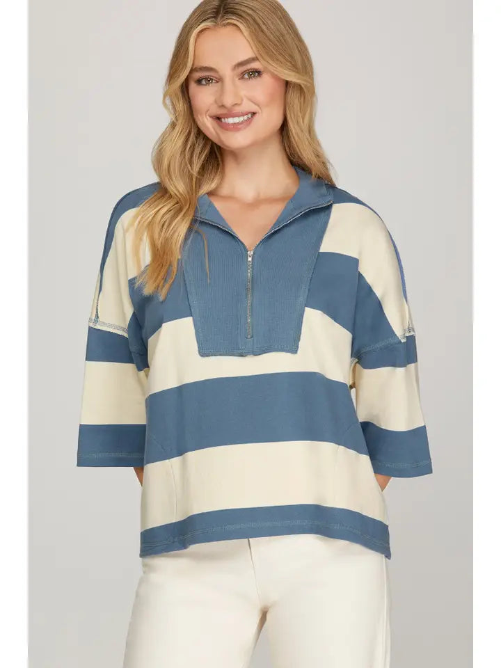 Boxy Stripes Sweater, Blue/Cream