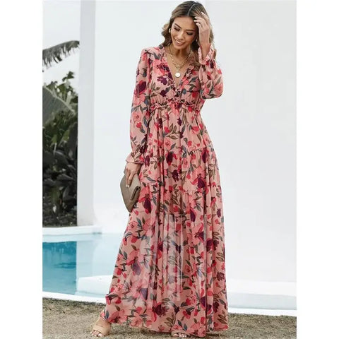 🌸 Floral Pink Maxi Dress – Sweet Briar Elegance Edition