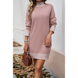 🩷 Turtle Mock Neck Solid Knit Stretch Sweater Dress – Pink