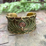 💚🌸 Brass Patina Cuff Bracelet – Green Open Lotus
