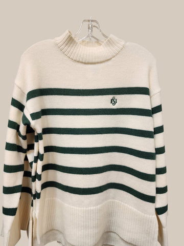 🧵 Striped Mock Neck Sweater-Cream/DK Green