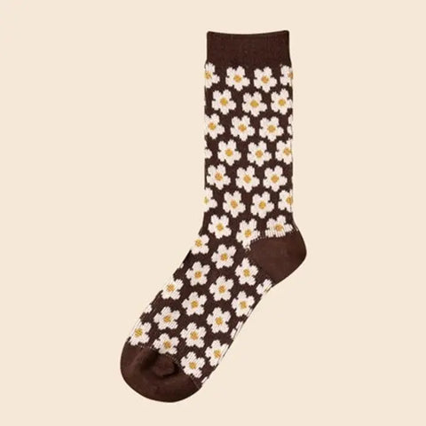 🧦 Retro Floral Mid-Calf Socks – Cocoa Bloom Edition