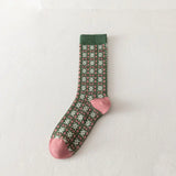 🎄 Green & Pink Floral Knit Mid-Length Socks