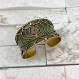 💚🌸 Brass Patina Cuff Bracelet – Green Open Lotus