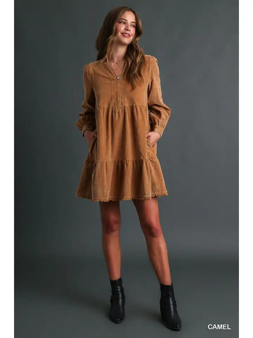 🌿 Mineral Wash Corduroy Dress – Camel