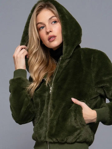 🌿 Sweet Briar Luxe Faux Fur Hoodie Jacket-Olive Green