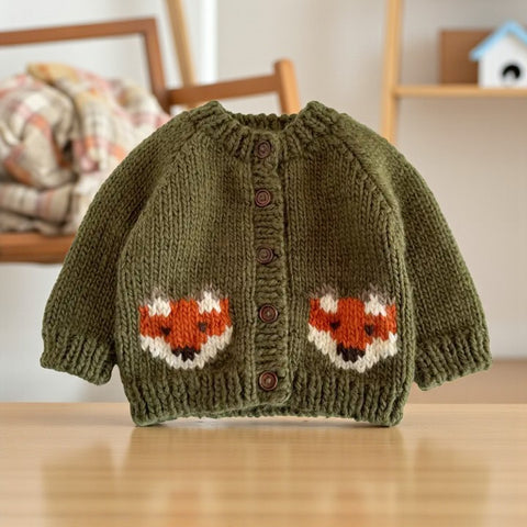 🦊 Fox Cardigan – Moss/Orange/White 🍃