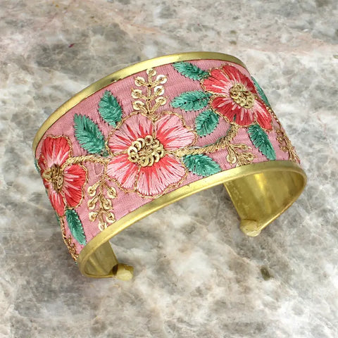 🌸 Sweet Briar Soft Pink Floral Embroidered Cuff Bracelet