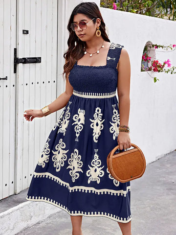 🌿 Sweet Briar Geo Print A-Line Sleeveless Dress (Plus)