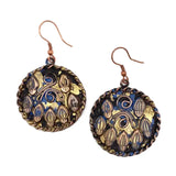Copper Patina Filigree Earrings — Blue & Gold Circles ✨