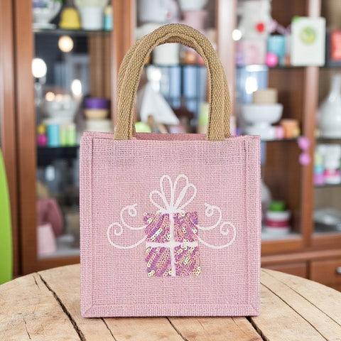 🎁 Glitzy Present Petite Gift Tote – Light Pink/White 7x7x5 ✨