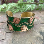 ✨ Brass Patina Cuff Bracelet – Green Leaves & Vines