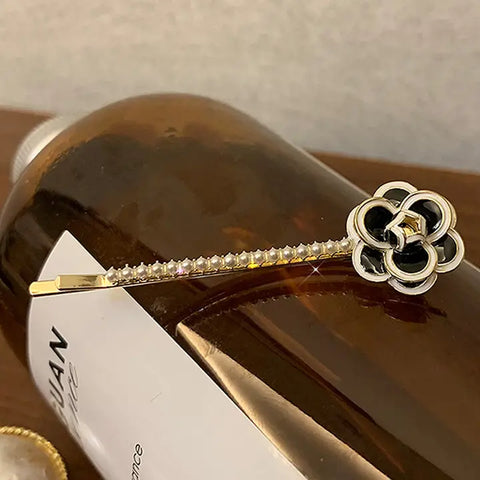 🌸 Camellia Pearl Hair Pin with Rhinestones-Black