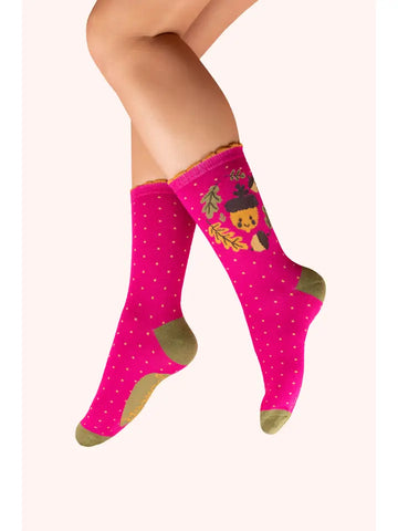 🍂 Women’s Ankle Socks – Happy Acorn (Fuchsia)