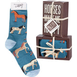 🐴 Horses Make Me Happy – Box Sign & Sock Gift Set