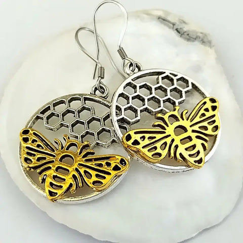 🐝 Bee Honeycomb Earrings – Silver & Yellow Gold
