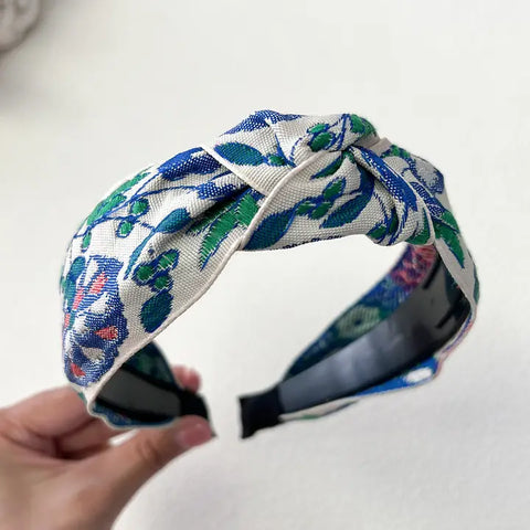 🌿 Bohemian Flower Bow Headband – Green & Blue-Small