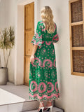 💚 Boho Beach Floral Lace Maxi Dress – Green & Pink Elegance-Limited Edition
