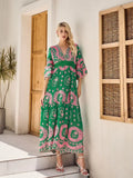💚 Boho Beach Floral Lace Maxi Dress – Green & Pink Elegance-Limited Edition