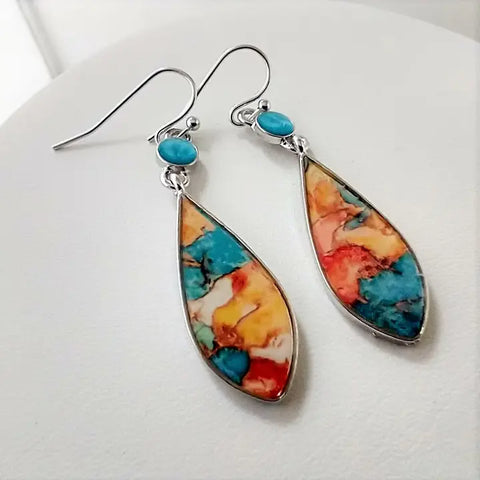 🌺Boho Resin Teardrop Earrings – Silver Finish