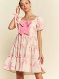 🎀 Bow Printed Puff Smocking Back Tiered Dress-Limited Edition