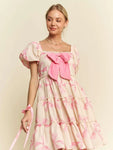 🎀 Bow Printed Puff Smocking Back Tiered Dress-Limited Edition
