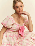 🎀 Bow Printed Puff Smocking Back Tiered Dress-Limited Edition