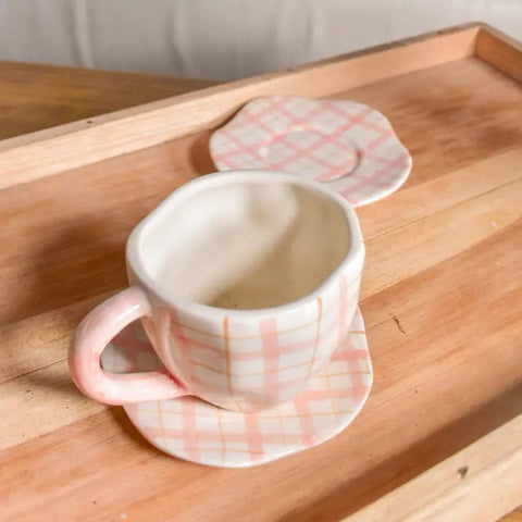 ☕Handmade Ceramic Mug & Coaster Set – Plaid Pink