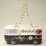 Faux Leather Floral Beauty Bus Chain Strap Bag — Black 🚌