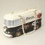Faux Leather Floral Beauty Bus Chain Strap Bag — Black 🚌