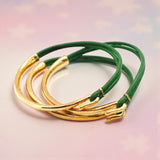 💚 Green Leather + Gold-Plated Bangle Bracelet