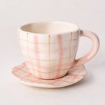 ☕Handmade Ceramic Mug & Coaster Set – Plaid Pink