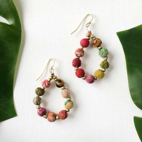 🤍 Kantha Beaded Teardrop Earrings – One-of-a-Kind Artistry
