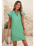 💚 Green & White Striped Split-Neck Dress – Breezy and Bold-Limited Edition