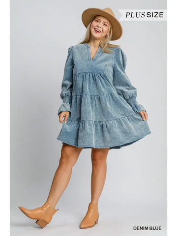 💙 Plus Size Stone-Washed Corduroy Tiered Dress – Denim Blue 👢