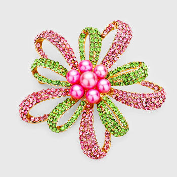 Brooch - Pink & Green Flower