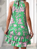 🌿 Spring Summer Green Halter Floral Dress-Limited Edition