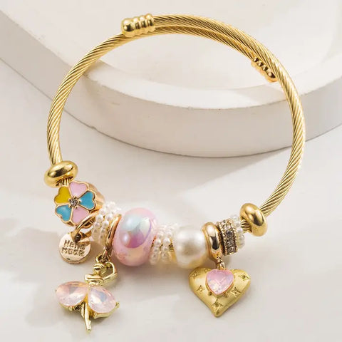 💖 Stylish Stainless Steel Bracelet with Crystal Charms – Pink