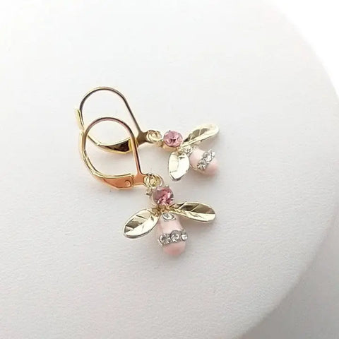 🌸 Tiny Diamond Bee Earrings – Pink Elegance