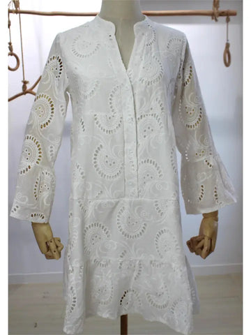 🤍 V-Neck Eyelet Lace Shirt Dress-Limited Edition