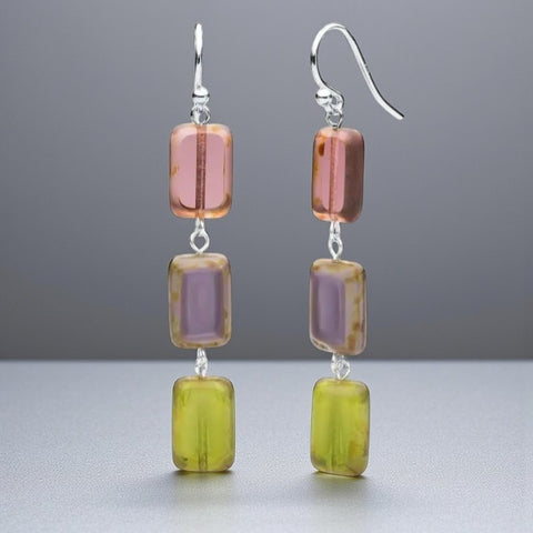 🍇 Vineyard Mix Beaded Triple Tile Earrings – Artful Color, Effortless Style 💜💚