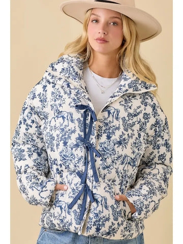🐎Vintage Horse Toile Puff Jacket – Classic Navy 💙