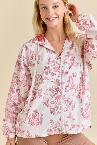 🐴 Vintage Horse Toile Windbreaker Hoodie – Dusty Rose 🌸