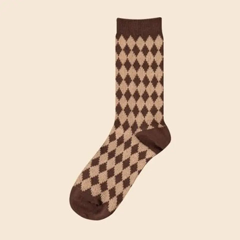 🧦 Diamond Check Mid-Calf Socks – Retro Mocha Edition