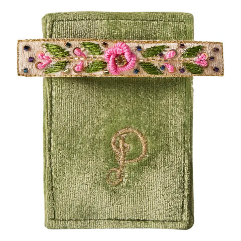 🌸 Embroidered Barrette – Mint Floral Vine