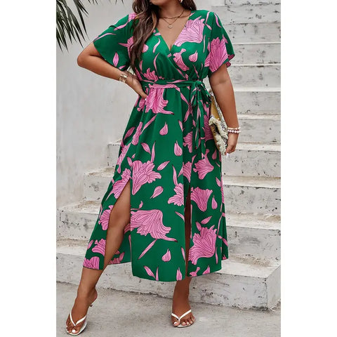 🌸 Plus Floral Short Sleeve Split Belted Midi Dress
