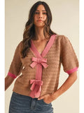 ✨ Bow Patch Puff Sleeve Textured Sweater Cardigan