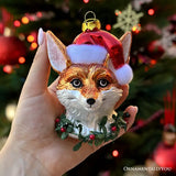🎄✨ Fox with Santa Hat Glass Christmas Ornament ✨🦊