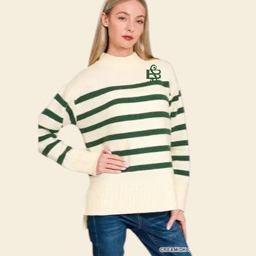 🧵 Striped Mock Neck Sweater-Cream/DK Green